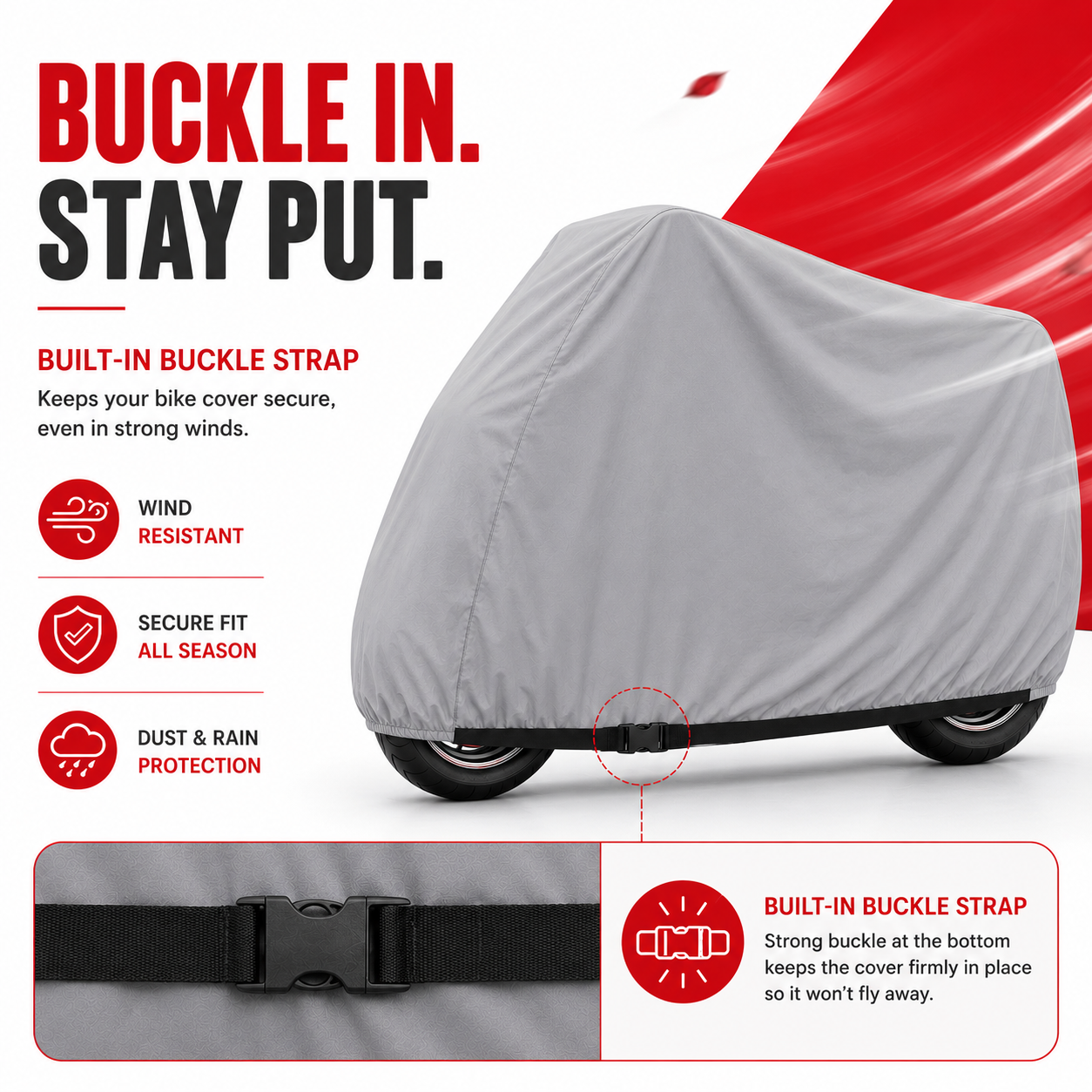 Bike cover with buckle to protect it from strong winds